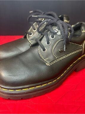 Vintage Dr. Martens Black Leather Shoes with Yellow Stitching